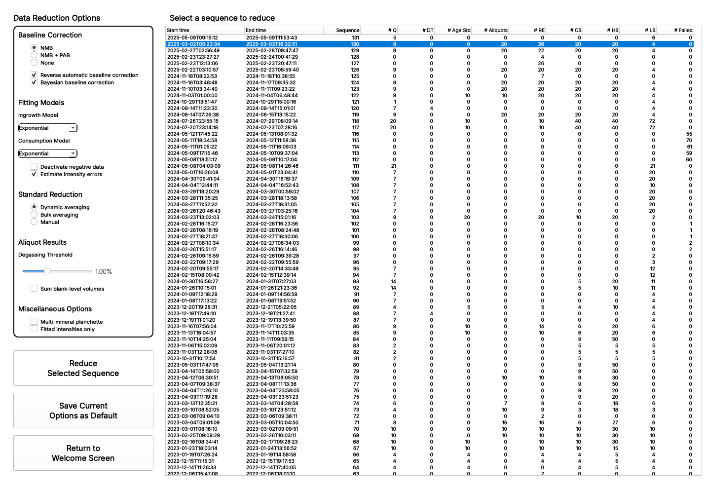 HeMan Pro data reduction options and sequence selector interface